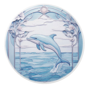 Jumping Dolphin Art Nouveau Faux Relief Light Blue Ceramic Knob