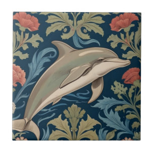 Jumping Dolphin William Morris style Right facing Ceramic Tile