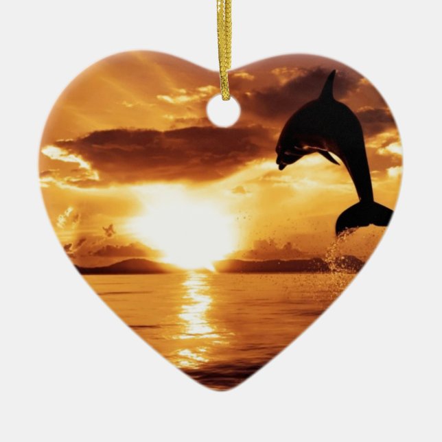 jumping dolphin with beautiful sunset over the sea ceramic ornament (Front)
