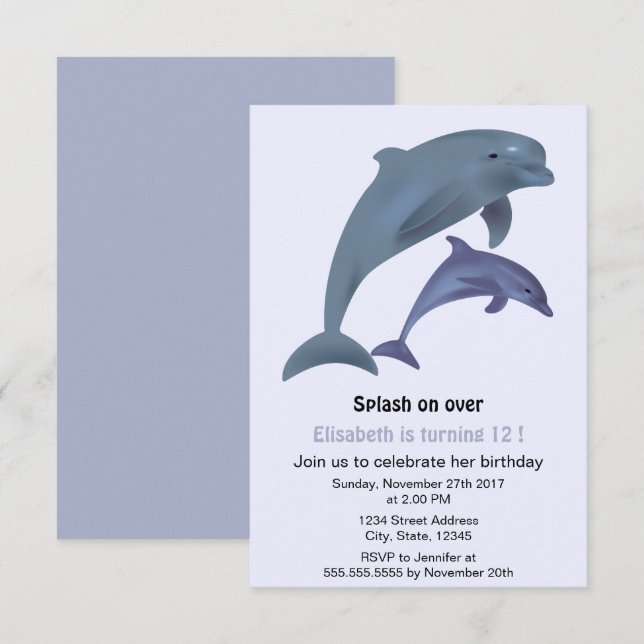 Jumping dolphins illustration birthday party invitation (Front/Back)