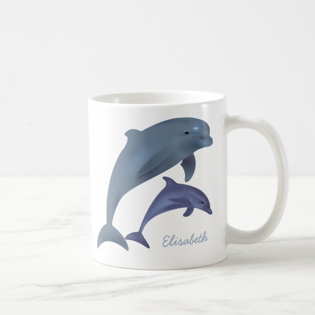 Jumping dolphins illustration name coffee mug (Right)