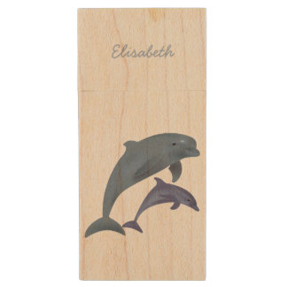 Jumping dolphins illustration name wood USB flash drive