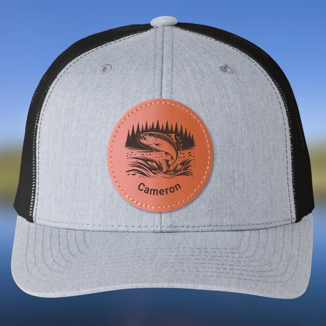 Jumping Fish at the Mountain Lake Monogram Fishing Leather Patch Hat (Creator Uploaded)