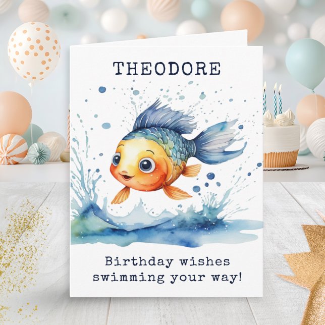 Jumping Fish Colorful Kids Birthday Personalized Card (A personalized birthday card for kids, with picture of a cute jumping fish in a watercolor style)