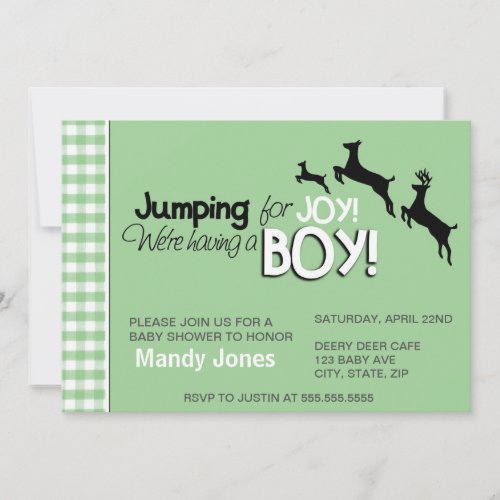 Jumping for Joy Green Boy Baby Shower Invitations