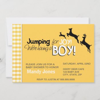 Jumping For Joy Yellow Boy Baby Shower Invitations by PeachyPrints at Zazzle