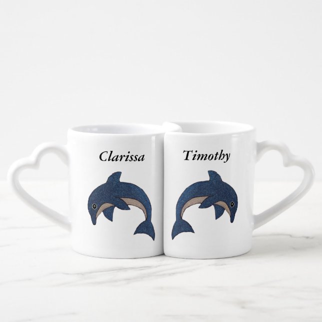 Jumping Glitter Look Dolphin Dark Blue White Coffee Mug Set (Front Nesting)