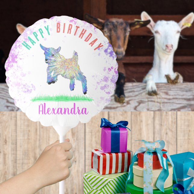 Jumping Goat Birthday Party add Name Balloon (Cute goat farm animal art custom birthday party balloon jumping baby goat watercolor animal art)