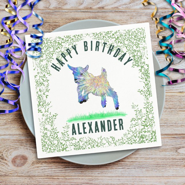 Jumping Goat Happy Birthday add Name Napkins (jumping goat cute farm animal custom name birthday party napkin adorable baby goat and foliage )