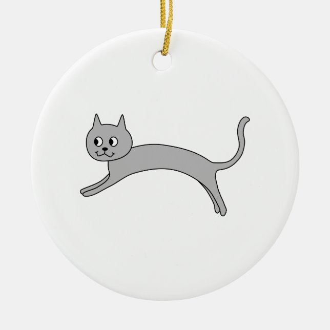 Jumping Gray Cat. Ceramic Ornament (Front)