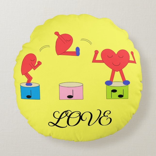 Jumping Heart in Love:  Yellow Round Pillow (Front)