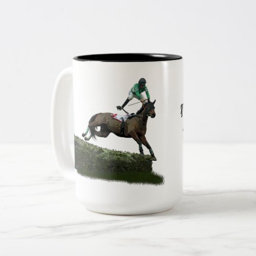 Jumping Horse Jockey In Green Coffee Mug