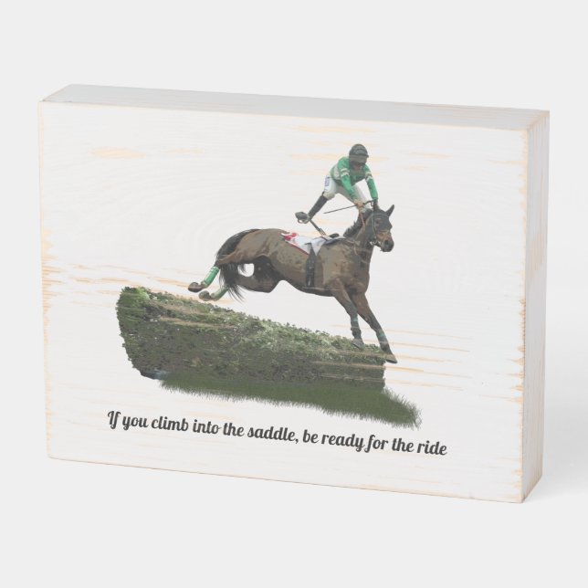 Jumping Horse Jockey In Green Wood Box Plaque (Angled Horizontal)
