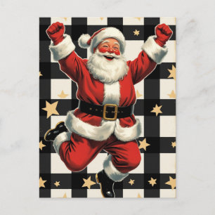 Jumping Jolly Santa on Buffalo Plaid Holiday Postcard