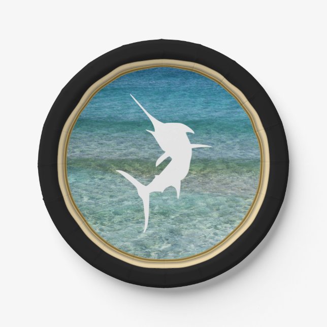 Jumping Marlin Ocean Black and Faux Gold Paper Plates (Front)