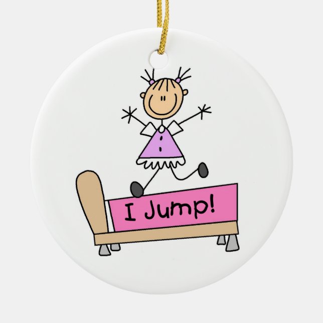 Jumping on the Bed Stick Figure Girl Ceramic Ornament (Front)