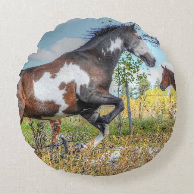 Jumping Pinto Paint Stallion on a Horse Ranch Round Pillow (Front)