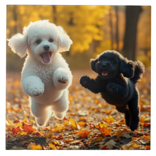 Jumping Poodle Puppies Ceramic Tile