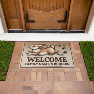 Jumping rabbit with customizable family name doormat
