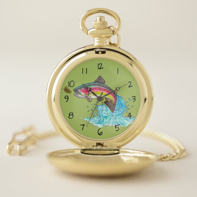 Jumping Rainbow Trout Fly Fishing Pocket Watch (Inside)