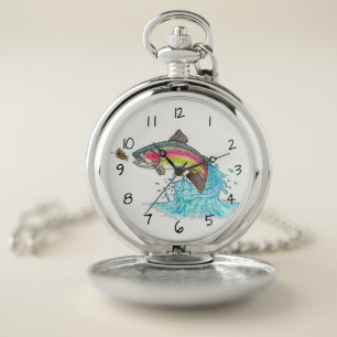 Jumping Rainbow Trout Fly Fishing Pocket Watch
