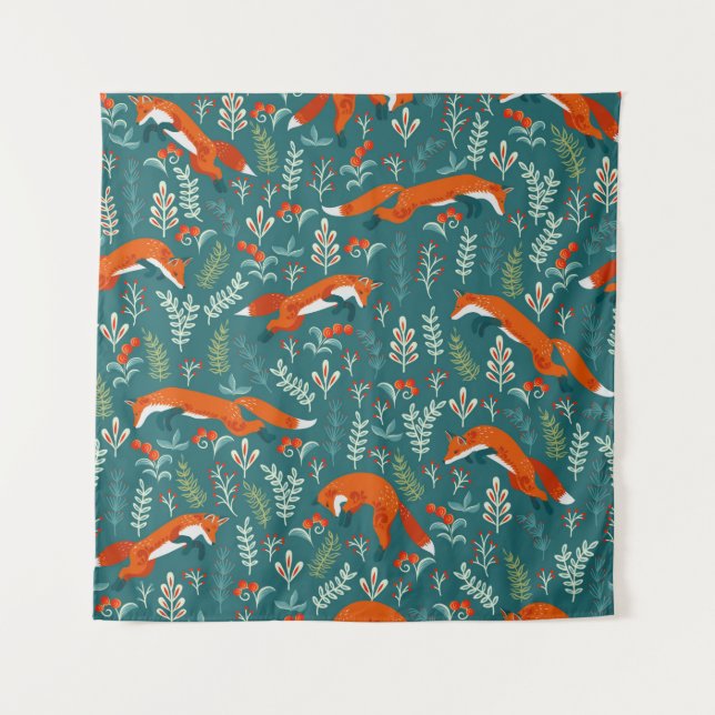 Jumping red foxes with ornaments seamless pattern tapestry (Front)