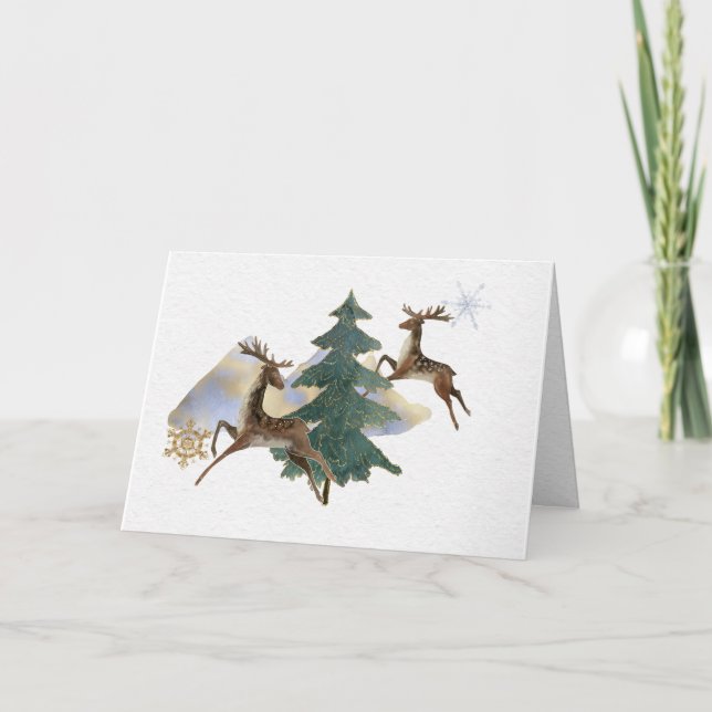 Jumping Reindeer Winter Landscape Greeting Card (Front)