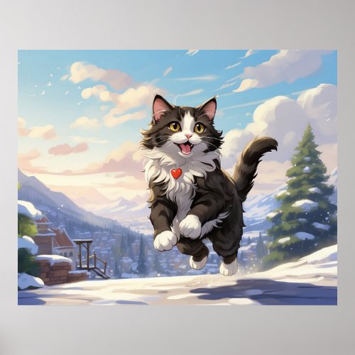  Jumping Snow Kitty 54  Kitten Cat AP68 Tuxedo Poster
