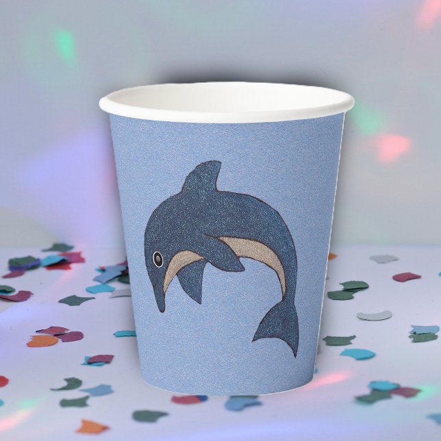 Jumping Sparkle Blue White Dolphin on Light Blue Paper Cups (Sparkle like dark blue dolphin in jumping position on light blue beach party paper cups.)
