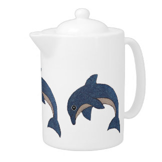 Jumping Sparkle Like Dolphin Dark Blue White Teapot