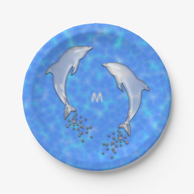 Jumping Sparkling Blue Dolphin With Monogram Paper Plates (Front)