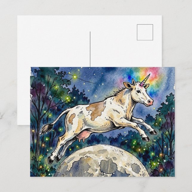 Jumping the Moon Dairy Cow Unicorn Postcard (Front/Back)