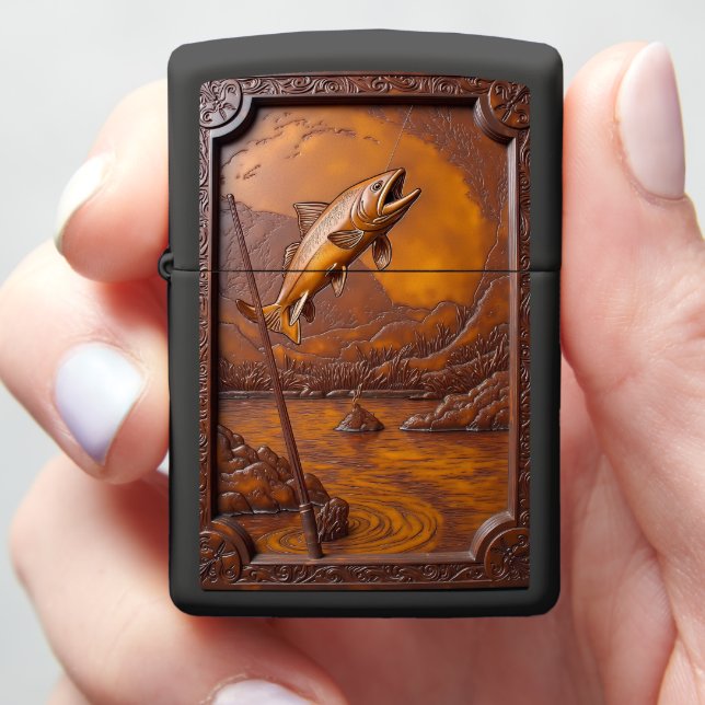 Jumping Trout River Scene Zippo Lighter (In Hand)