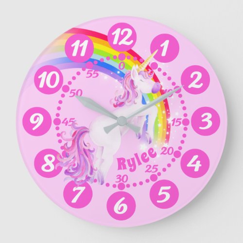 Jumping unicorn rainbow purple pink art kids clock