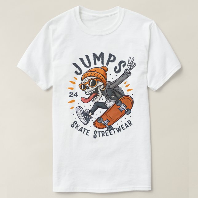 Jumps Skeleton Skateboard Streetwear Design T-Shirt (Design Front)