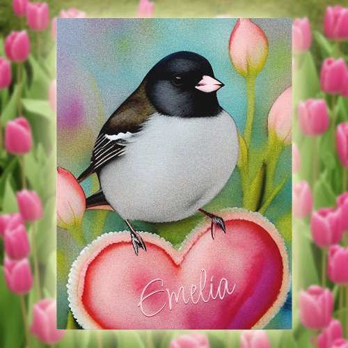 Junco Valentine Heart Cute Tulip Garden Bird Name Postcard