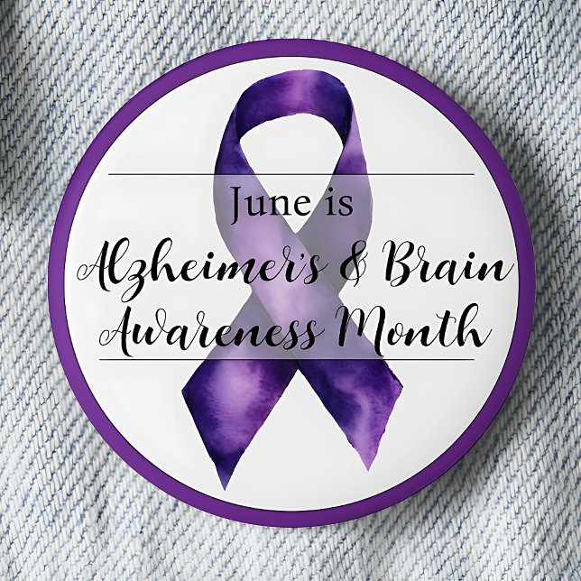 June Alzheimer's & Brain Awareness Month Button (Alzheimers and Brain Awareness Month. June. Purple awareness ribbon.)
