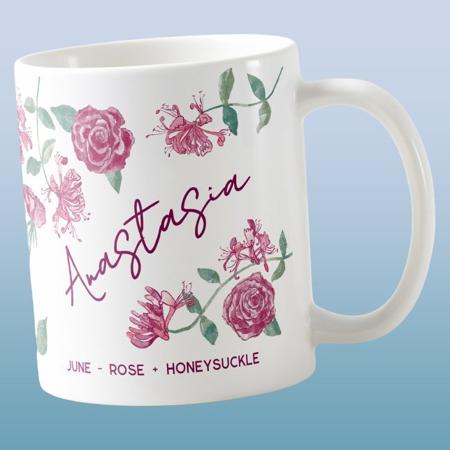 June Birth Flower Custom Name Rose Honeysuckle Coffee Mug (June birth month flower personalized custom name rose honeysuckle watercolor art coffee mug gift)