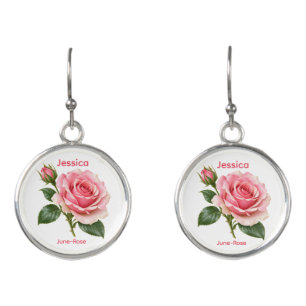 June Birth Flower Pink Rose Floral Earrings