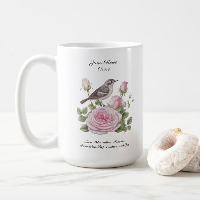 June Birth Month Flower Rose Elegant Birthday Coffee Mug (With Donut)