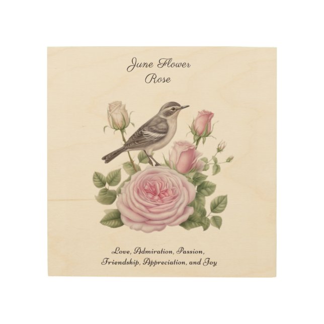 June Birth Month Flower Rose Elegant Birthday Wood Wall Art (Front)