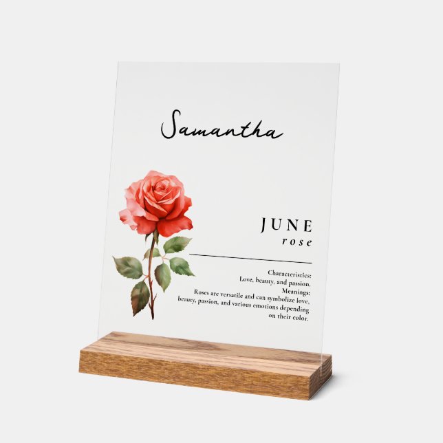 June Birth Month Flower Rose Personalized Acrylic Sign (Angle)