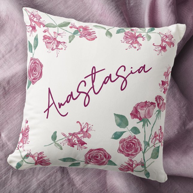 June Birth Month Honeysuckle Rose Personalized Throw Pillow (June birthday personalized custom name birth month flower watercolor honeysuckle rose throw pillow)