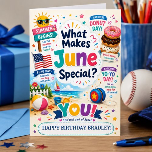 June Birthday Card for Boys Custom Name Summer Fun