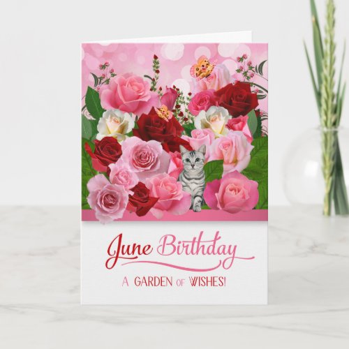 June Birthday Kitty in a Rose Garden Card