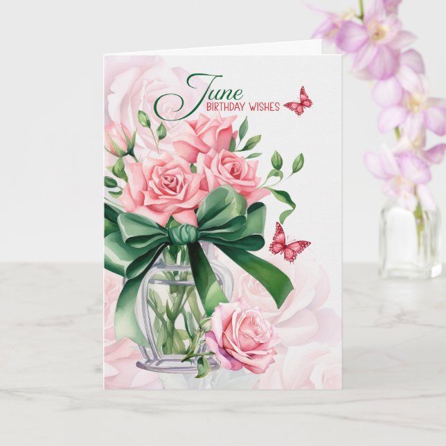 June Birthday Pink Roses with Butterflies Card (Orchid)