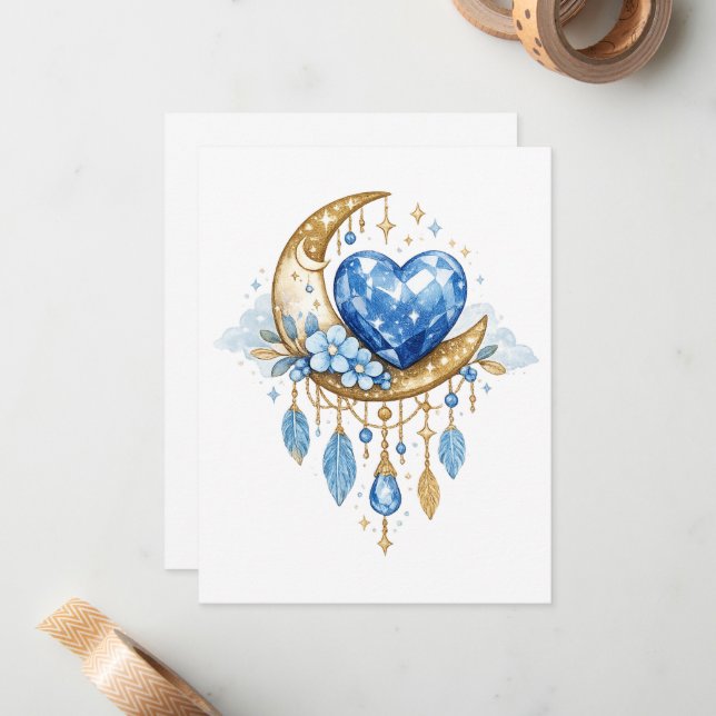 June Birthstone Moon Heart Boho Blue Gem Design Note Card (Front/Back In Situ)