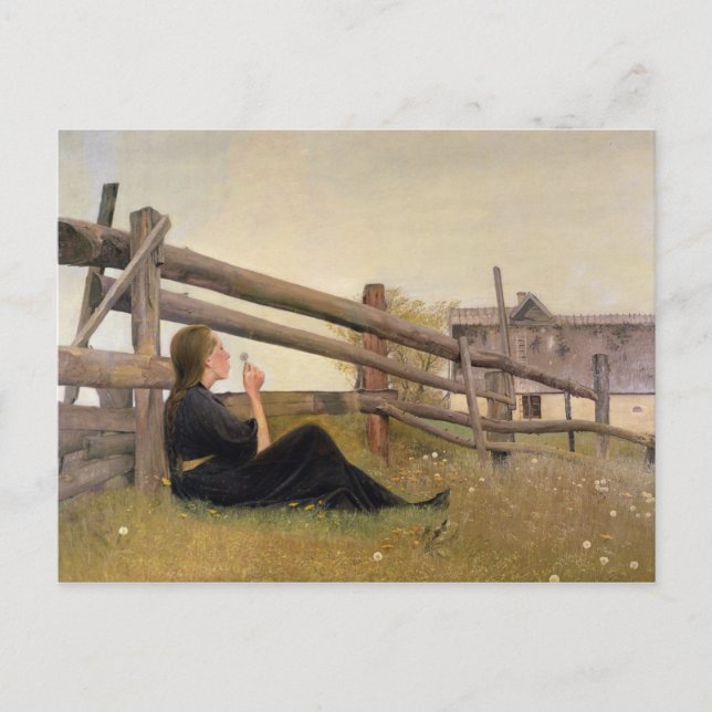 June. Girl Blowing Dandelion Seeds, 1899 Postcard (Front)