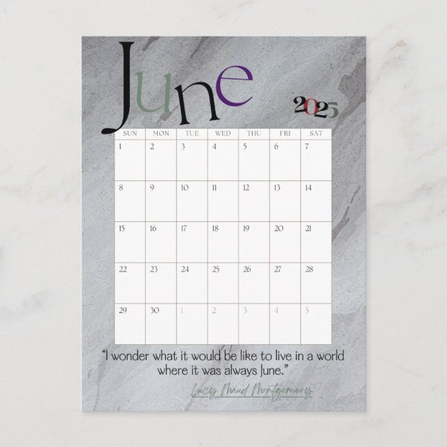 June Gray Modern Monthly Calendar 2025 Postcard (Front)