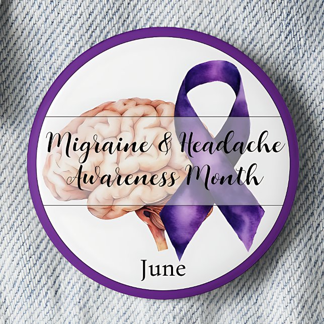 June Migraine & Headache Awareness Month Button (Migraine & Headache Awareness Month.  June. Purple awareness ribbon.)